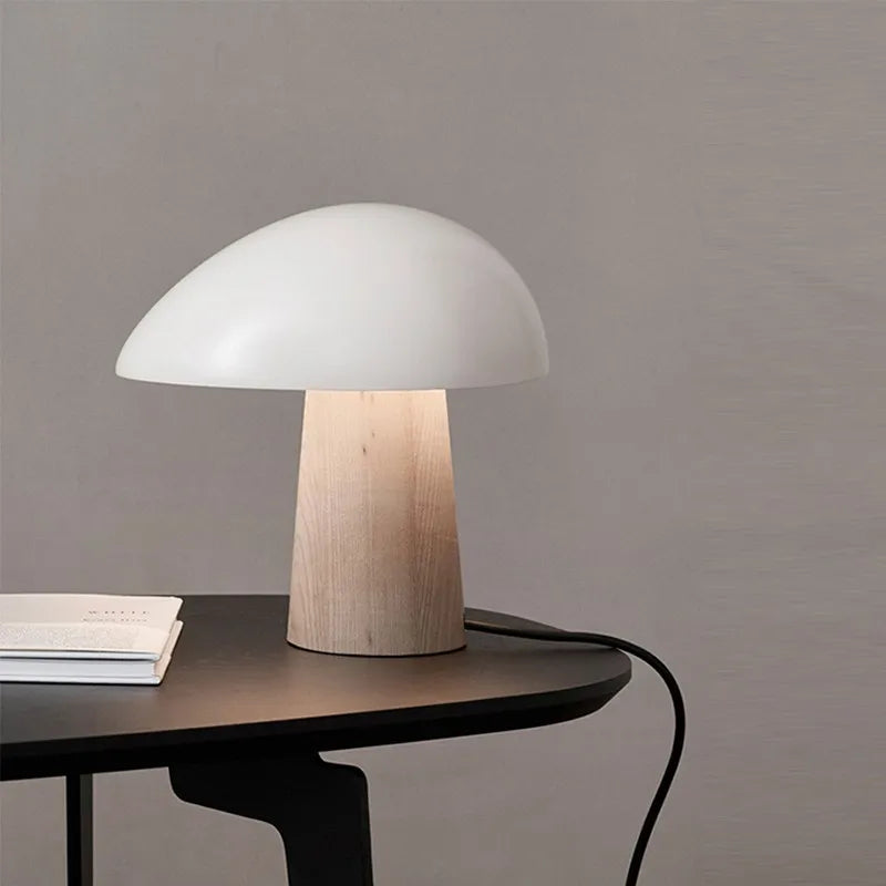Mushroom Table Lamp – Scandinavian LED Light with Wood Grain Accents for Bedroom & Living Room
