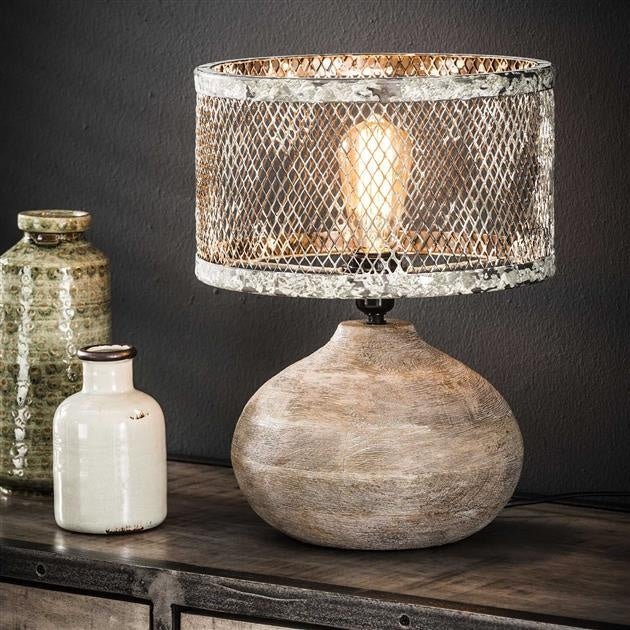 Metal and Wood Table Lamp – Modern Mesh Shade Night Light